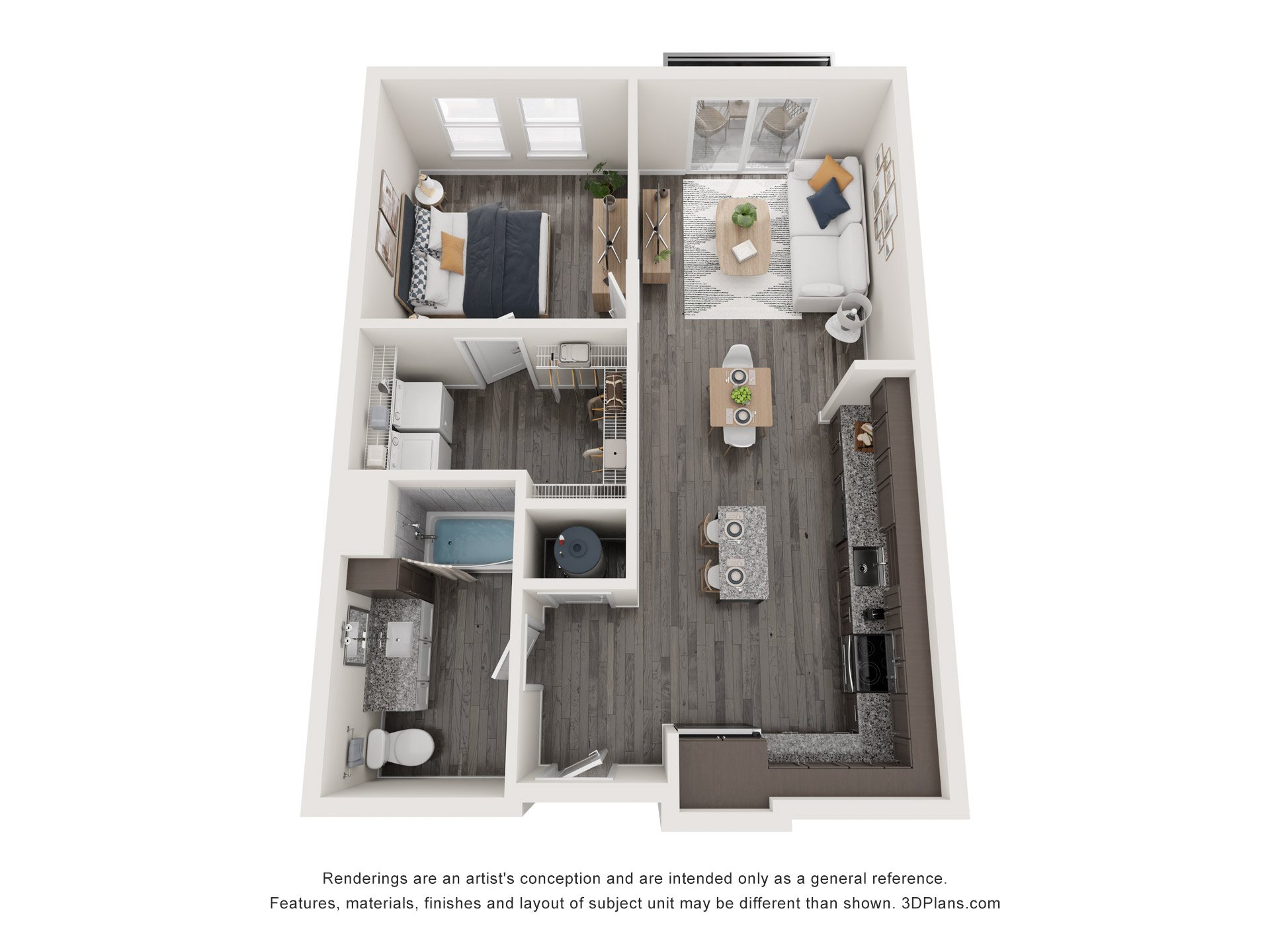 Floor plan for 1 bed, 1 bath, 735 sqft